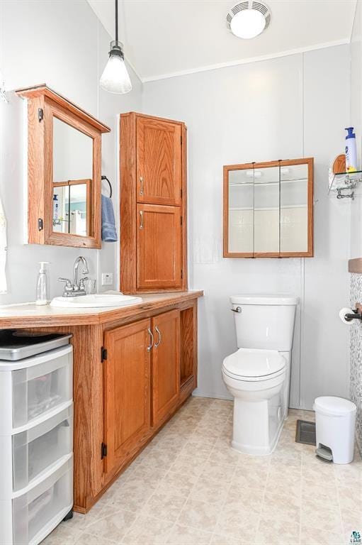 bathroom with sink, toilet, and lofted ceiling