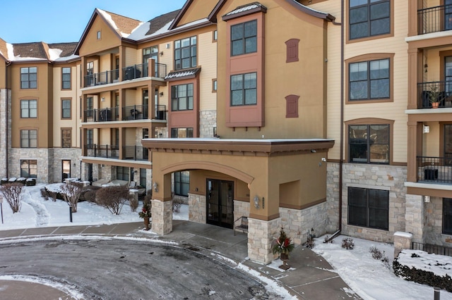 view of snow covered building