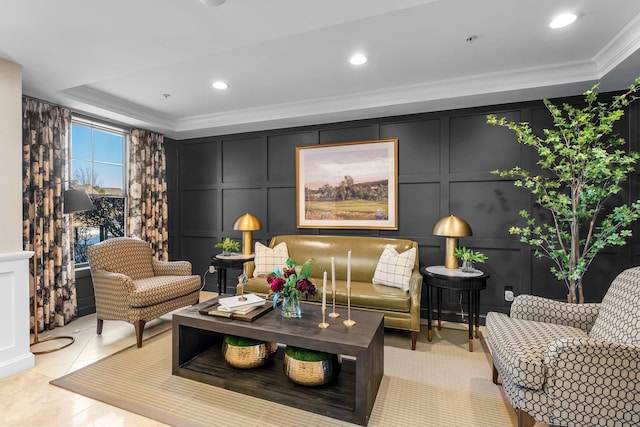 living area featuring recessed lighting, crown molding, light tile patterned flooring, a decorative wall, and a tray ceiling