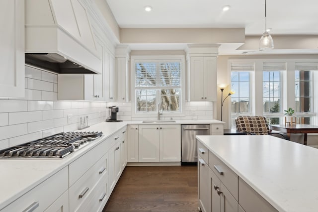 kitchen featuring dark wood finished floors, custom exhaust hood, backsplash, appliances with stainless steel finishes, and a sink