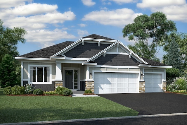 craftsman-style house with aphalt driveway, stone siding, a front lawn, and a garage