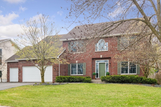 colonial inspired home featuring an attached garage, a front lawn, brick siding, and aphalt driveway