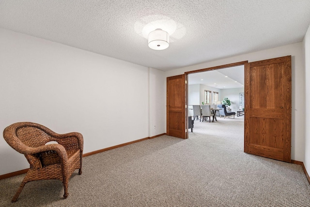 sitting room featuring carpet floors, baseboards, and a textured ceiling