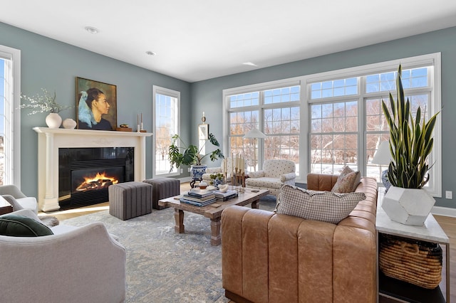 living area with a glass covered fireplace, wood finished floors, and baseboards