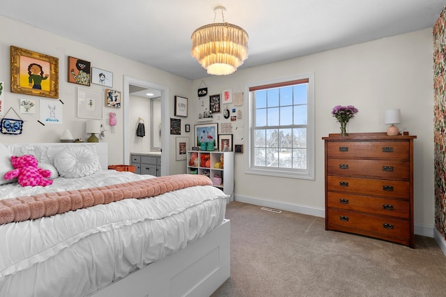 bedroom featuring an inviting chandelier, visible vents, carpet, and baseboards