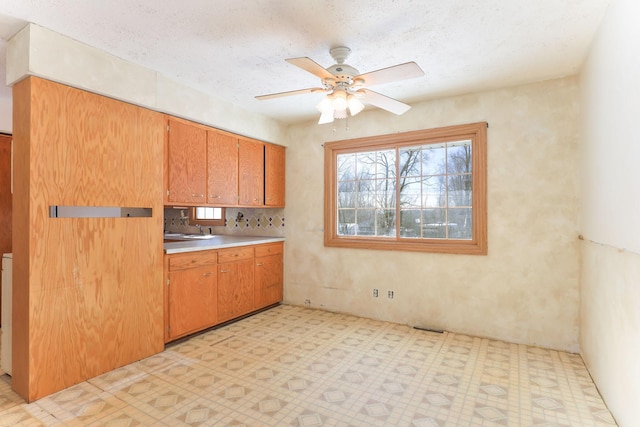 kitchen featuring ceiling fan, sink, and a textured ceiling