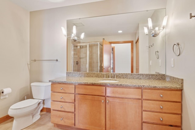 full bath with a shower stall, tile patterned floors, toilet, and a notable chandelier