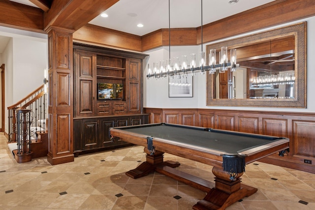 game room featuring pool table, recessed lighting, wainscoting, and a decorative wall