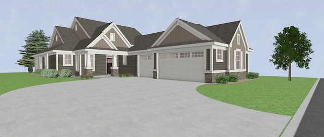 craftsman house with a garage, concrete driveway, stone siding, a front lawn, and board and batten siding