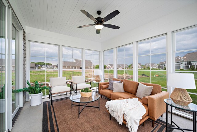 116 Spring Farm Rd, North Oaks, MN 55127 - sunroom featuring ceiling fan, a residential view, wooden ceiling, and plenty of natural light