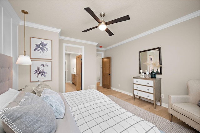 116 Spring Farm Rd, North Oaks, MN 55127 - bedroom featuring light wood finished floors, ornamental molding, baseboards, a ceiling fan, and connected bathroom