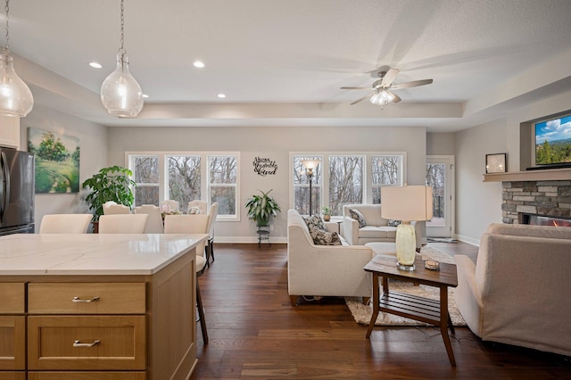 living area with dark wood-style floors, a tray ceiling, a fireplace, and baseboards