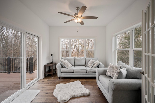 living area featuring dark wood-type flooring, a healthy amount of sunlight, and ceiling fan