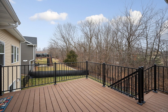 wooden terrace with a lawn and stairs