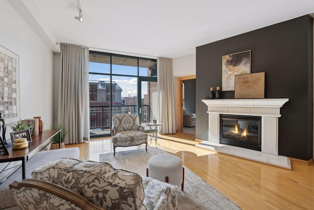 living area featuring light wood-style flooring, a city view, floor to ceiling windows, a glass covered fireplace, and track lighting