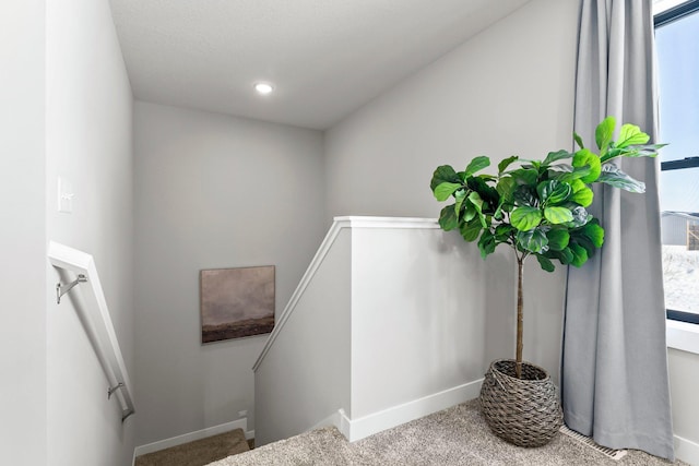 stairway with carpet floors, a wealth of natural light, and baseboards