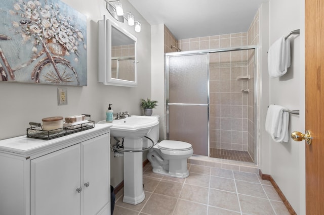 full bath with tile patterned flooring, baseboards, a stall shower, and toilet