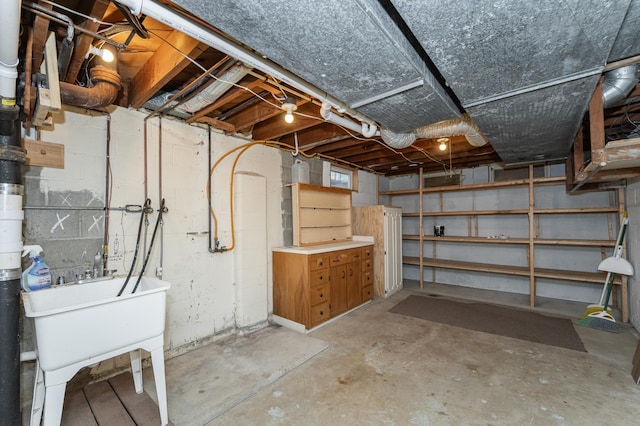 unfinished basement with a sink and concrete block wall