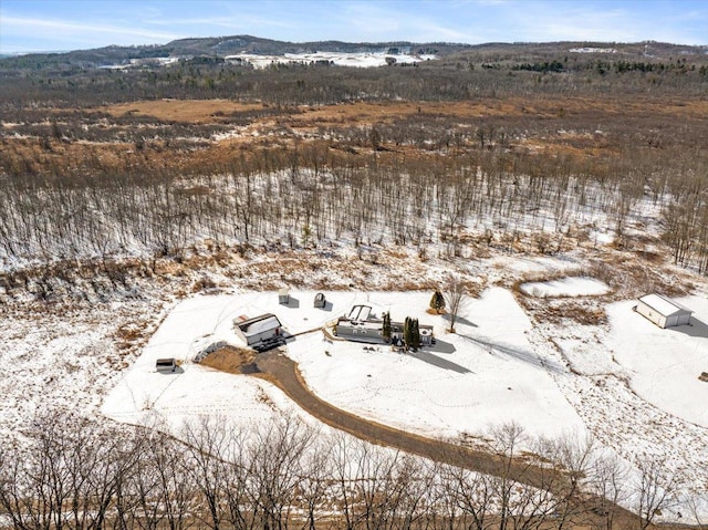 snowy aerial view with a mountain view