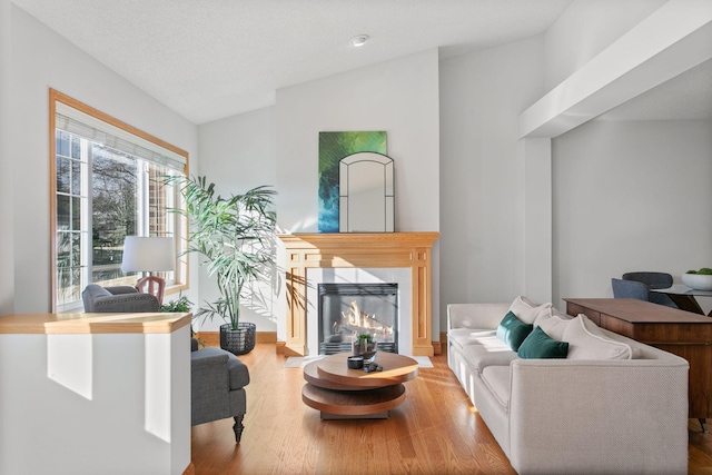 living area with lofted ceiling, wood finished floors, and a glass covered fireplace