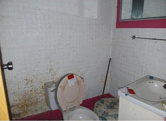 bathroom featuring toilet, vanity, and tile walls