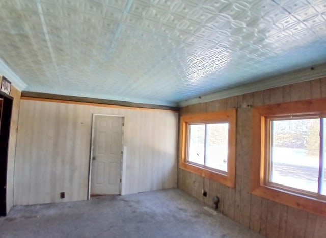 3285 Vermilion Trl, Colvin Twp, MN 55763 - spare room featuring wood walls and carpet