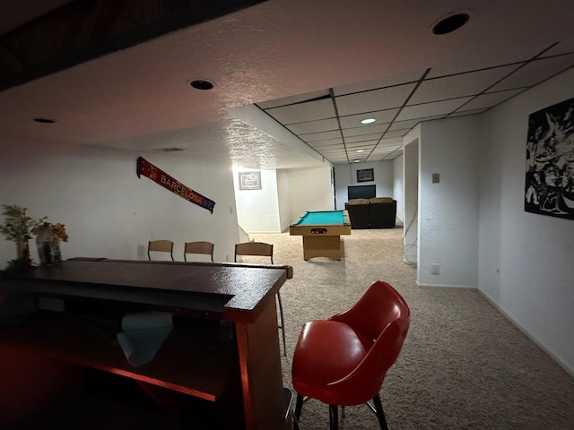 rec room with recessed lighting, billiards, and carpet