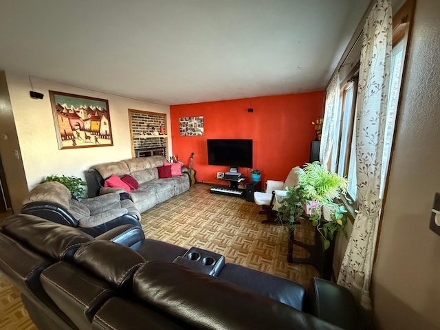 living area with a fireplace
