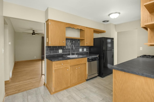 kitchen with open shelves, stainless steel dishwasher, a sink, and tasteful backsplash