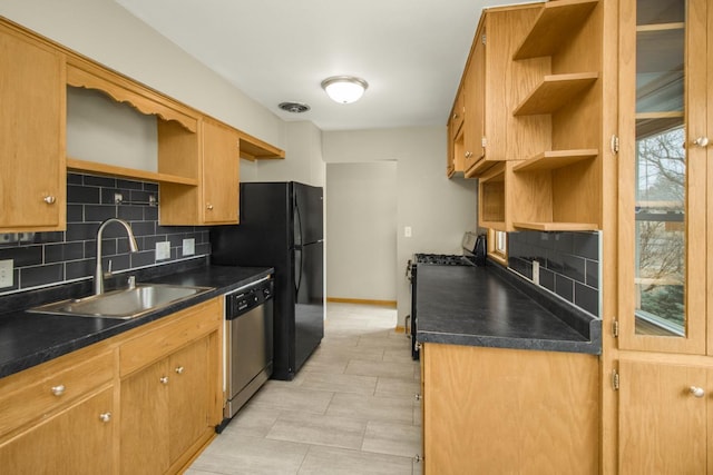 kitchen featuring dishwasher, dark countertops, gas range, open shelves, and a sink