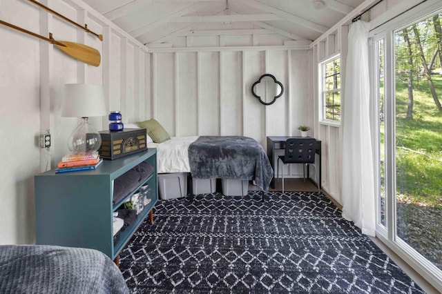 bedroom featuring vaulted ceiling