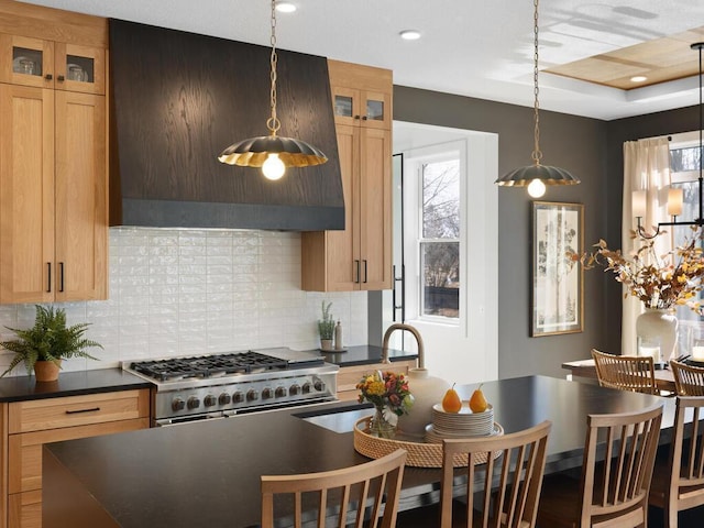 kitchen with plenty of natural light, dark countertops, and stainless steel range