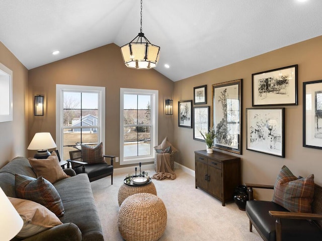 living room featuring light carpet, baseboards, vaulted ceiling, and recessed lighting