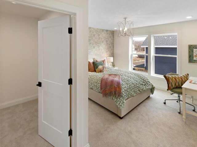 bedroom featuring wallpapered walls, baseboards, an inviting chandelier, carpet, and recessed lighting