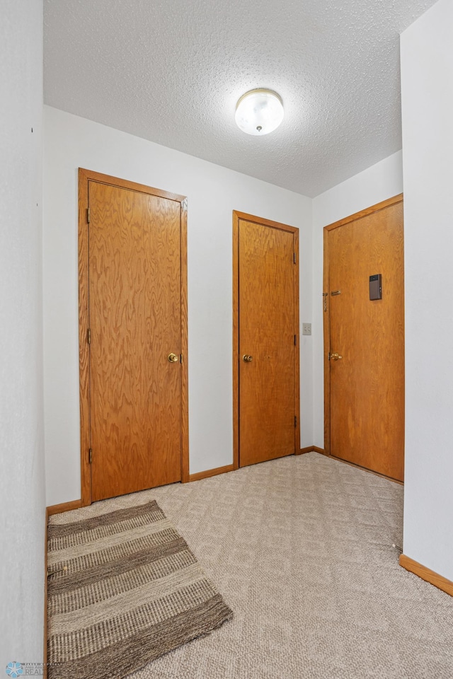 interior space with light carpet, a textured ceiling, and baseboards