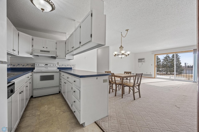 kitchen with white electric stove, dark countertops, under cabinet range hood, white cabinetry, and a notable chandelier