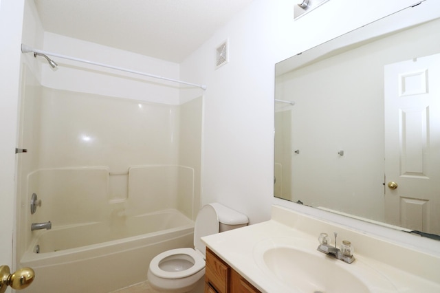 full bath featuring visible vents,  shower combination, vanity, and toilet