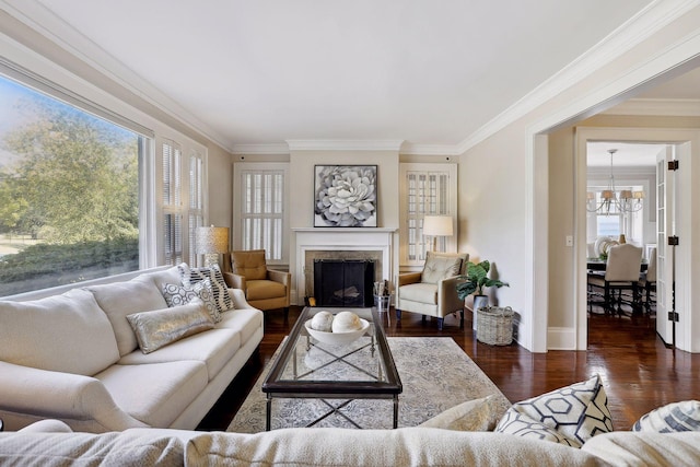 living area with an inviting chandelier, ornamental molding, a fireplace with flush hearth, wood finished floors, and baseboards