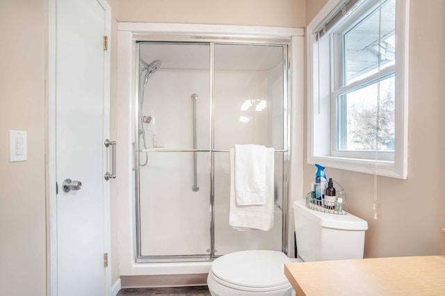 full bathroom featuring toilet, a shower stall, and vanity