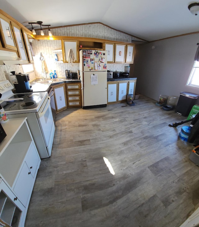 kitchen featuring white appliances, tasteful backsplash, vaulted ceiling, light wood-type flooring, and open shelves