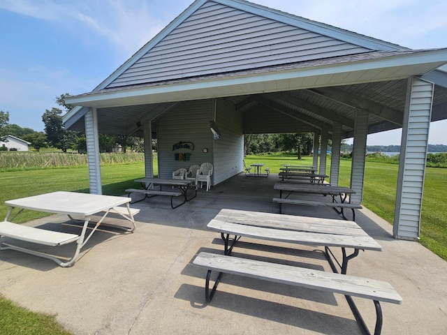 view of community featuring a yard and a gazebo