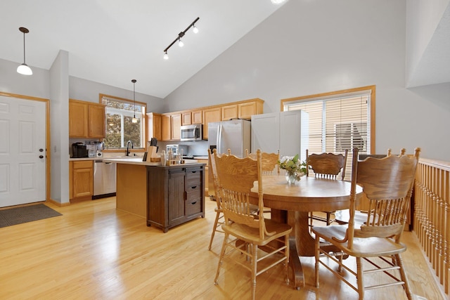 2230 Downing Ave, Shakopee, MN 55379 - dining room with high vaulted ceiling, light wood-type flooring, and rail lighting