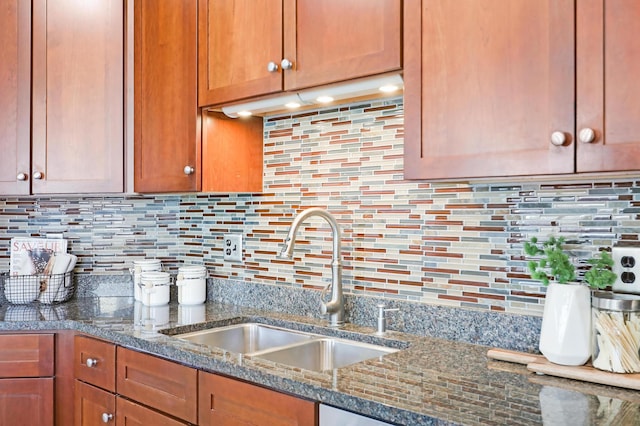 500 Grant St Unit 1302, Minneapolis, MN 55404 - kitchen featuring brown cabinets, dark stone countertops, a sink, and tasteful backsplash
