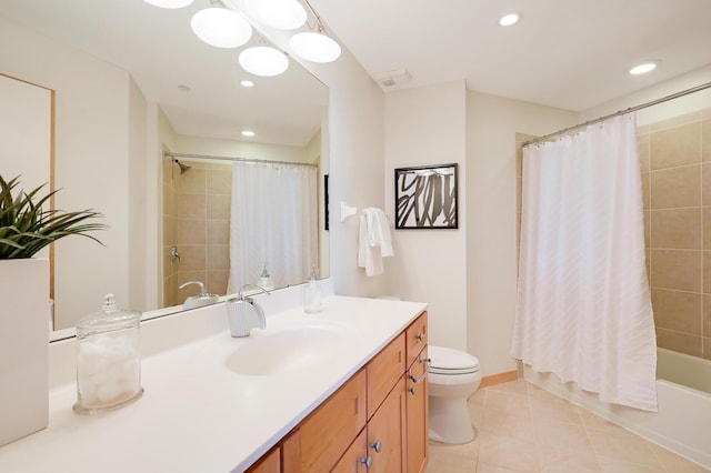 500 Grant St Unit 1302, Minneapolis, MN 55404 - bathroom featuring tile patterned flooring, shower / tub combo with curtain, vanity, toilet, and recessed lighting