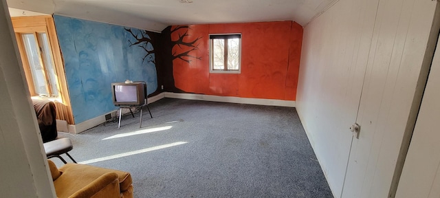 interior space with vaulted ceiling and carpet flooring