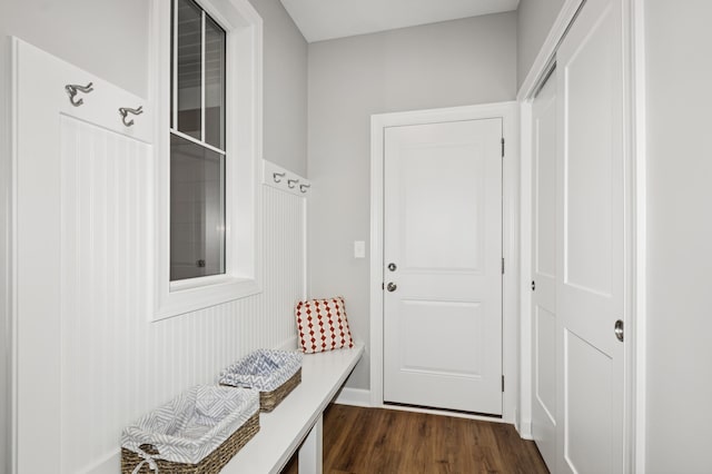 mudroom featuring dark wood finished floors