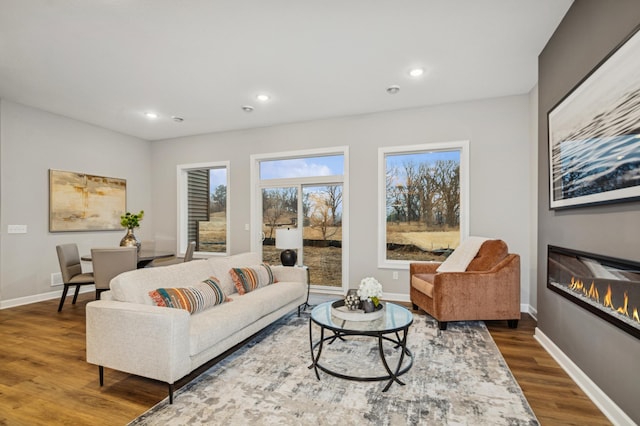 living area featuring recessed lighting, baseboards, wood finished floors, and a glass covered fireplace