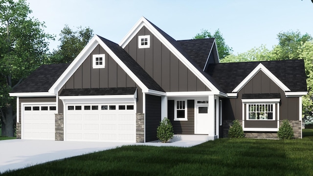 craftsman-style home with a front lawn, stone siding, board and batten siding, concrete driveway, and an attached garage