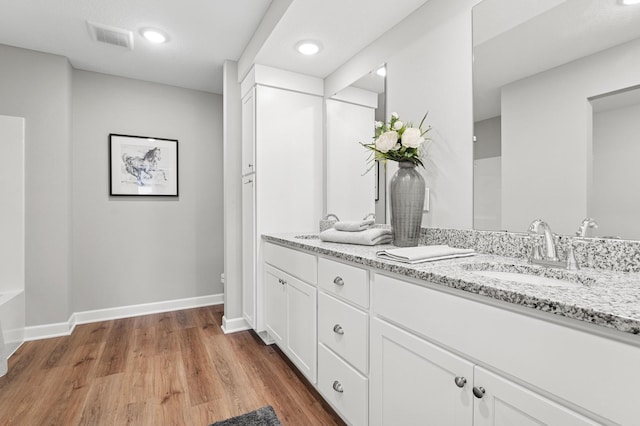 bathroom featuring wood finished floors, baseboards, visible vents, double vanity, and a sink