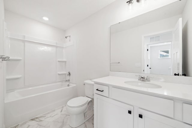 full bath featuring toilet, shower / tub combination, marble finish floor, vanity, and recessed lighting